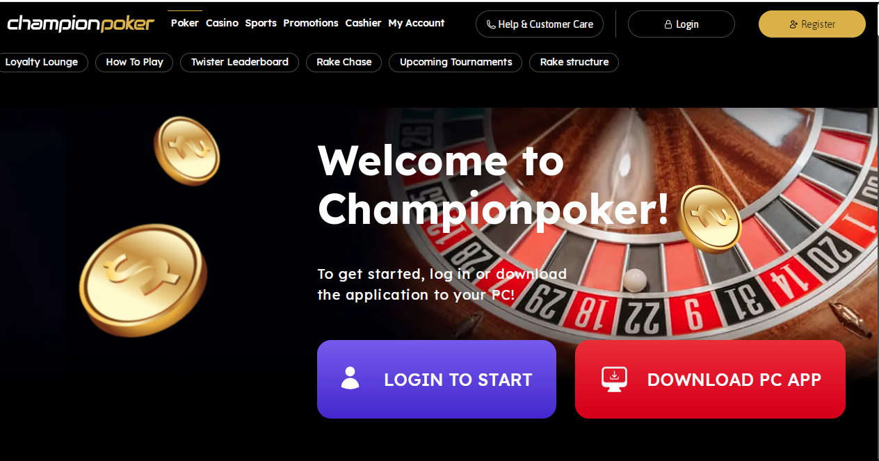 Portada de Championpoker, con botones para iniciar sesión o descargar la aplicación de PC